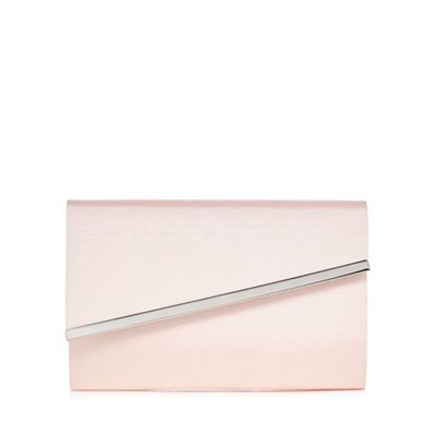 Pink textured asymmetric metal tab clutch bag